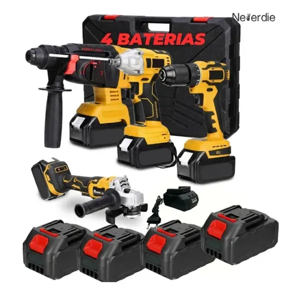Kit 4 Ferramentas 48v Martelete Furadeira Esmerilhadeira Parafusadeira Chave de Impacto