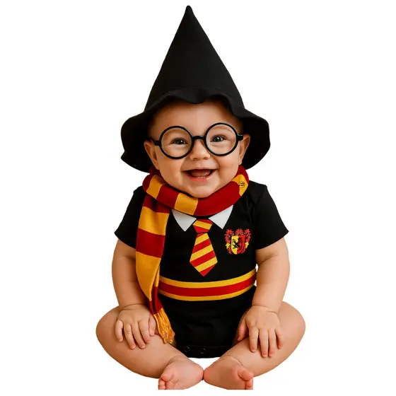 Kit Body Bebê fantasia Mesversário Harry Potter + cachecol + chapéu+ óculos