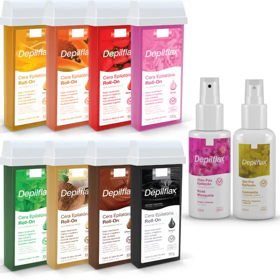 Kit Depilflax Cera Roll On Refil Depilatória Fragrâncias 100g Gel Pré Calmante 100ml Óleo Pós 100ml