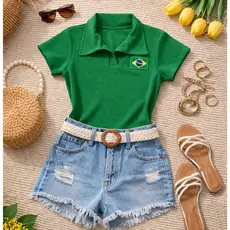 Blusa Camiseta Gola Polo Feminina Brasil Bandeira Bordada Premium