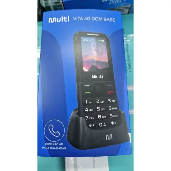 Celular idoso simples Multi Vita 4G C/ Base Carregadora Dual Chip, Botão SOS, Câmera Preto - P9225