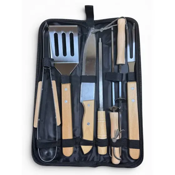 Conjunto De Churrasco 7 Peças Cabo Longo Lâminas Aço Inox Utensílios p/Grelha Churrasqueira Cozinha