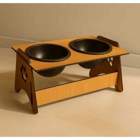 Comedouro Bebedouro em Mdf Elevado Duplo Pet Gato Cachorro Com Tigelas - Pets de Pequeno Porte
