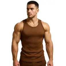 Regata Masculina Americana Ribana Canelada Slim Justa ao Corpo Marrom