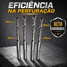 Kit Broca Videa 4 Peças 6mm 8mm 10mm 12mm Encaixe Sds Plus para Concreto e Martelete Obras Alvenaria