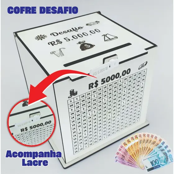 Cofre Desafio 1Mil  5 Mil  10 Mil  20 Mil Cofre de Dinheiro MDF 15x15cm com Gravação a Laser e Lacre