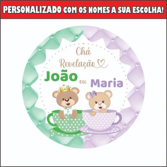 Chá Revelação Adesivo Personalizado - Verde e Lilas  Ursinho