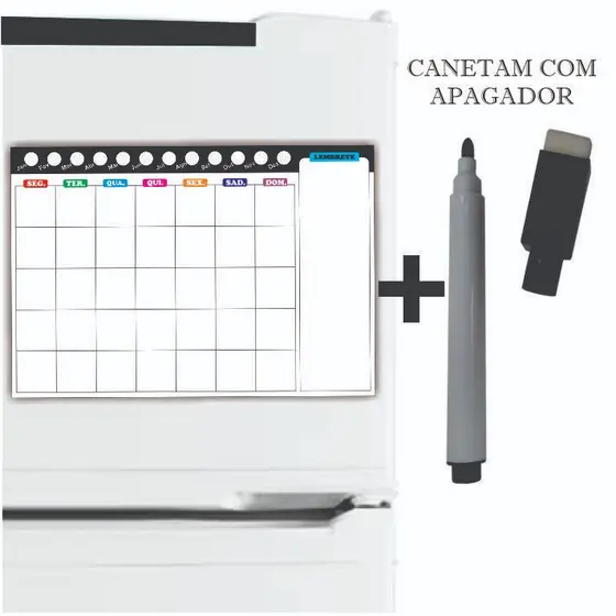 Imã de Geladeira Planner Mensal com Caneta com Apagador na Ponta