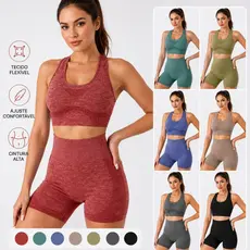 Conjunto Academia Fitness Feminino Leggings 1 Top 1 Shorts Levanta Bumbum Sem Costura E Bojo