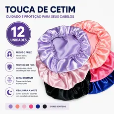 Kit 12 Touca de Cetim Antifrizz para Dormir e Banho Protege Cabelo Cacheado Cores Sortidas