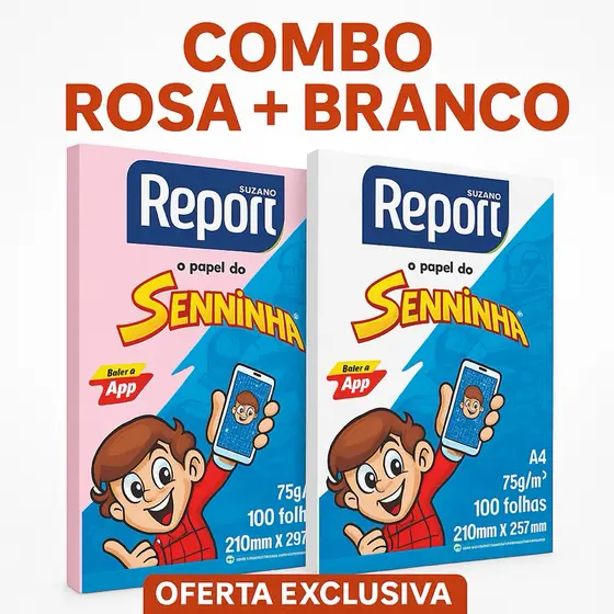 Combo 2 Pacotes Papel Sulfite Senninha A4 75g/m² – 100 folhas (Branco + Rosa)
