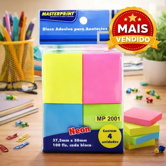 Bloco Adesivo Neon Masterprint 4 Cores – para Anotações/Estudos/Organização