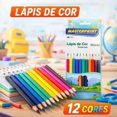 Lápis de Cor 12 Cores Masterprint Sextavado Escolar Resistente Infantil Desenho.