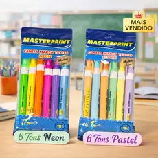 Marca Texto Masterprint Slim 12 Cores | Pastel + Neon | Ponta Chanfrada | Escolar e Escritório