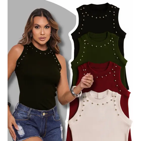 Regata Femininina Com Rebite de Pérolas Bordada Regata Linda Blusinha Rock Regata Tradicional