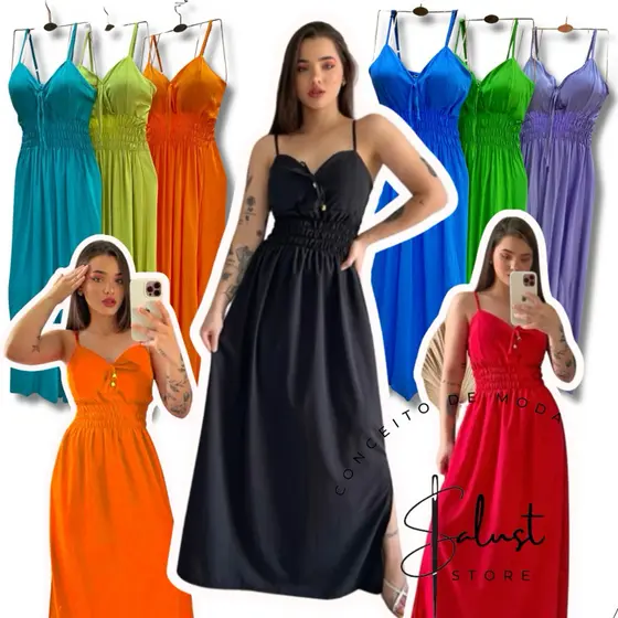Vestido Longo de Alcinha Com Lastex Vestido Fresquinho Dia a Dia Vestido Chique Estiloso Moda Evangélica