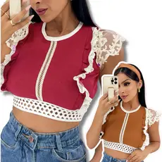 Top Cropped Canelado Premium Feminino Com Detalhes em Bordados