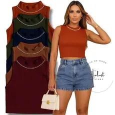Cropped Canelado Feminino Com Bordados em Pérolas Cropped Top Lindo Verão