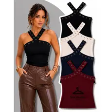 Blusa Canelada Alças Cruzadas com Ilhós