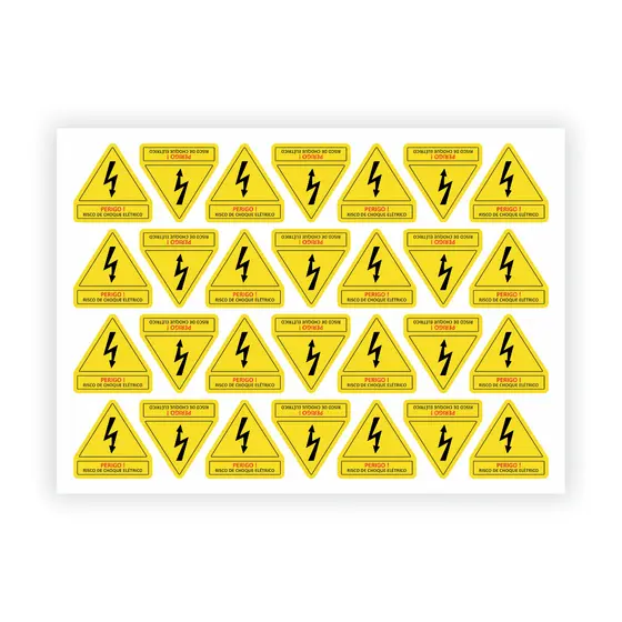 Cartela de adesivos personalizados em vinil - Risco de Choque Elétrico (Desenho raio ou desenho raio + 220V) amarelo