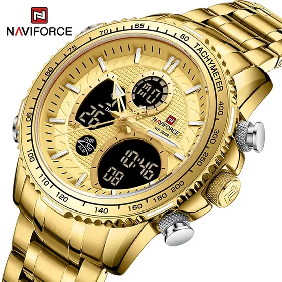 NAVIFORCE 9182 Fashion Man Gold Watches Luxury Casual Analog Digital Quartz Pulseira De Aço Inoxidável Para Homens