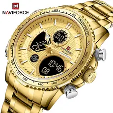 NAVIFORCE 9182 Fashion Man Gold Watches Luxury Casual Analog Digital Quartz Pulseira De Aço Inoxidável Para Homens