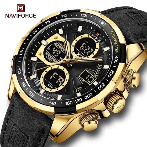 Relógios NAVIFORCE Men Dual Display Quartz Watch Analog+Digital Waterproof Full Stainless Steel Strap