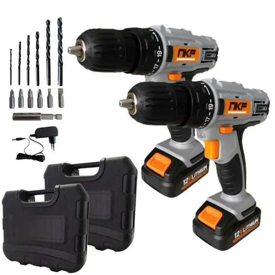 Kit com 2 Furadeiras Parafusadeiras à Bateria 12V e Maleta com Brocas, Bits e Acessórios FP12X NKF