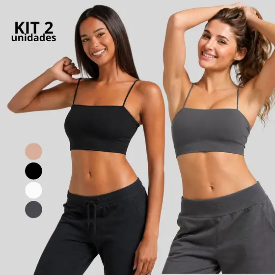 Kit 2 Tops Cropped Femininos Alça Fina Liso Suplex Academia Fitness Dia a Dia