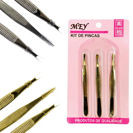 Kit 3 Pinças para Sobrancelhas Prata Dourado