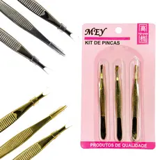 Kit 3 Pinças para Sobrancelhas Prata Dourado