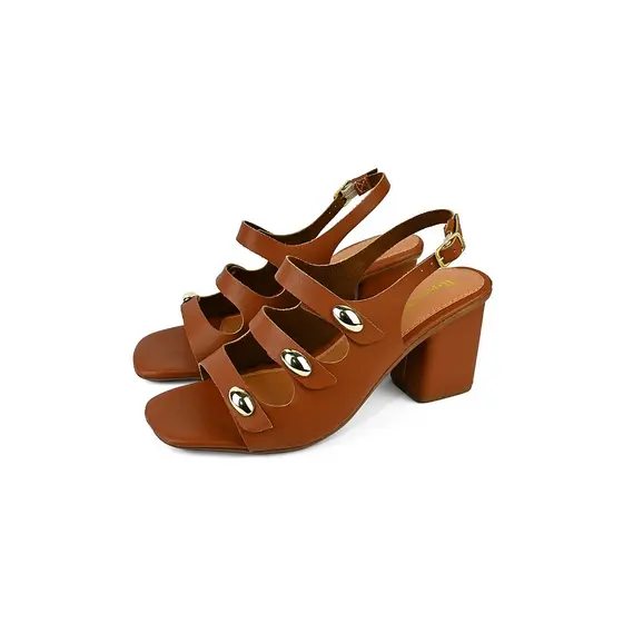 Sandália Feminina Salto Bloco Médio 3 Tiras 5 cm Elegante Fivela Confortável Detalhe ABS Moda Casual Festa