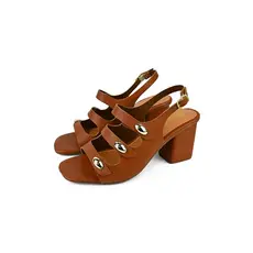 Sandália Feminina Salto Bloco Médio 3 Tiras 5 cm Elegante Fivela Confortável Detalhe ABS Moda Casual Festa