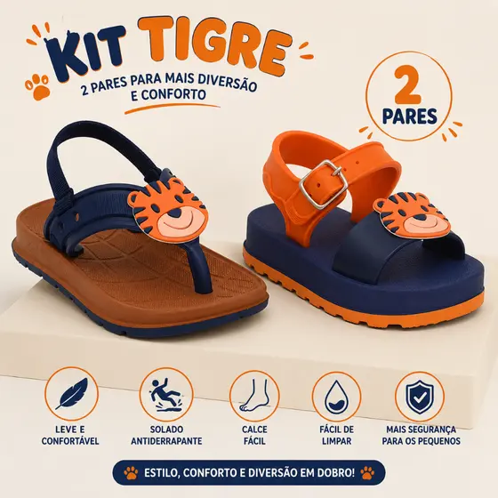 Kit 2 Pares Chinelo Sandália Infantil Masculino Confortável Leve Tigre Safari Animal Fivela Elástico Barato Envio Rápido