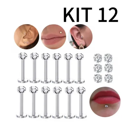 Kit 12 Piercing Labret Ponto De Luz (2.5mm) Helix Tragus Conch Aço Cirúrgico 8-10mm