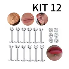 Kit 12 Piercing Labret Ponto De Luz (2.5mm) Helix Tragus Conch Aço Cirúrgico 8-10mm