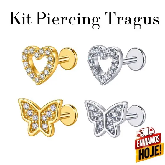 Piercing Tragus Aço Inox com Zircônia Helix Flat Conch Lóbulo Labret Feminino Masculino Alta Qualidade Premium