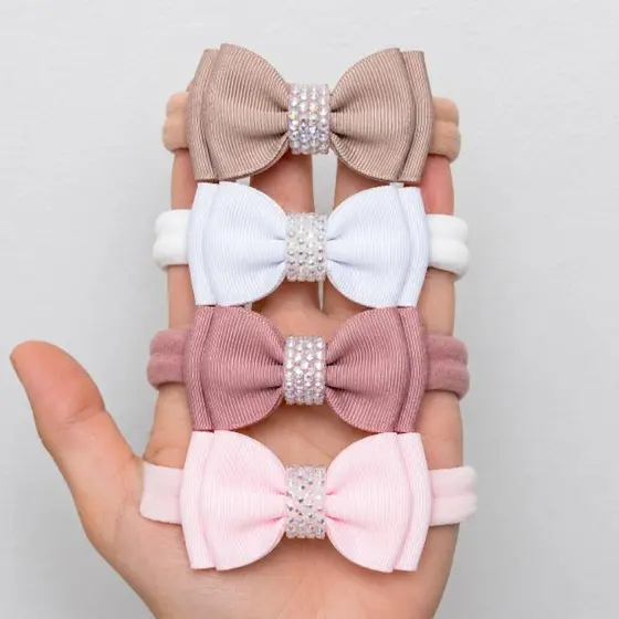 Faixinhas de bebê RN Nude rosa delicadas com strass brilho laço menina