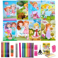 Kit 8 Cadernos Brochura Unicórnio +material Escolar Completo Canetinhas Cola Borracha lápis de colorir Menina bonita tesoura Escrever