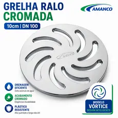 Grelha Para Ralo 10x10 Redonda Dn100mm Vortice Amanco 4" PVC ABS Cromado