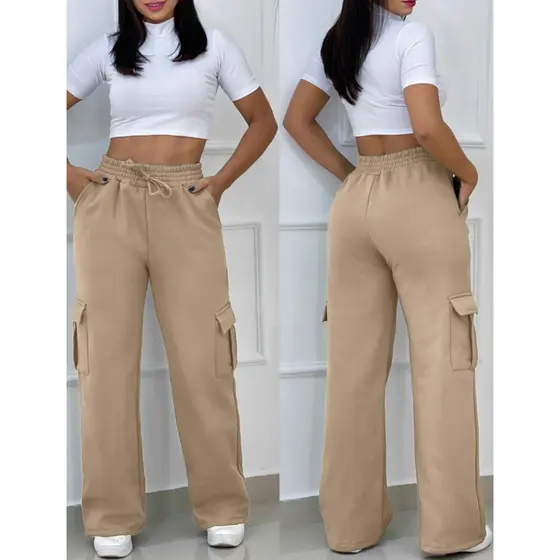 Calça Gringa Pantalona Cargo Feminina Moletom Cintura Alta Bolso Flanelada Grossa Outono Inverno Frio Roupas Femininas
