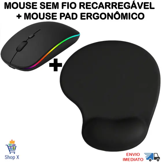 Kit Mouse Sem Fio Recarregável e Mousepad Ergonômico Com Apoio De Pulso