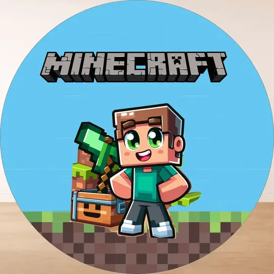Capa para Painel Redondo Minecraft 50x50cm Tecido Sublimado Premium Festa Gamer Infantil Decoração Aniversário
