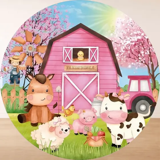 Capa para Painel Redondo Fazendinha 50x50cm Festa Infantil Menino Menina Chá de Bebê Mêsversário Tecido Premium