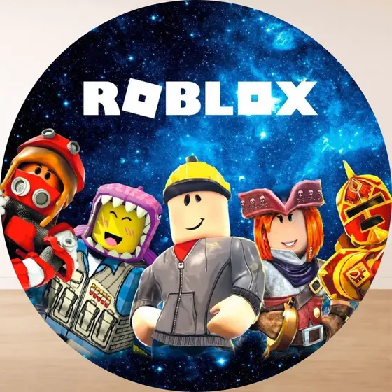 Capa para Painel Redondo Roblox Azul e Rosa 50x50cm Tecido Sublimado Festa Infantil Menino e Menina Decoração Premium