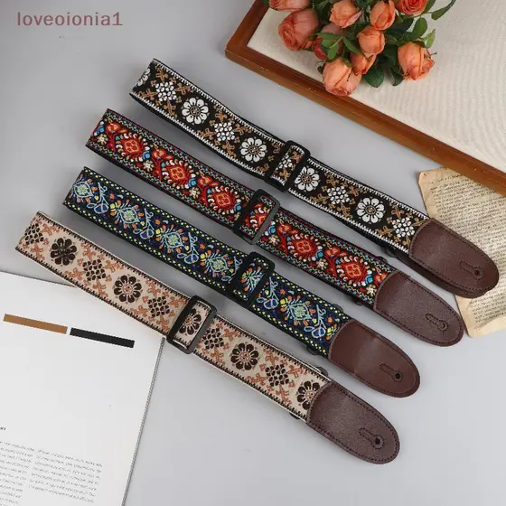 [love] Correia De Guitarra Baixo Algodão Couro Bordado Cintas Ajustável Ne Cinta Elétrica Acústica Acessórios BR