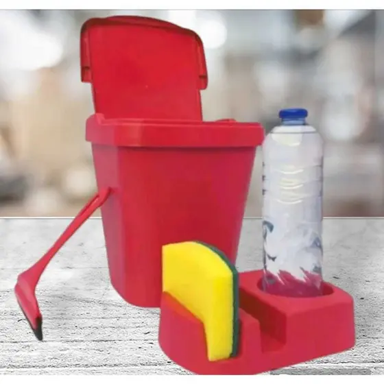 Kit Pia 3 Peças/Porta Detergente/Rodo de Pia/Lixeira 4,8 Litros Vermelho