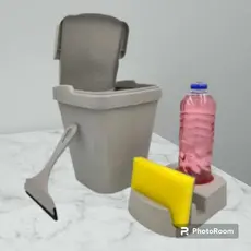 Kit Pia 3 Peças/Porta Detergente/Rodo de Pia/Lixeira 4,8 Litros Cinza