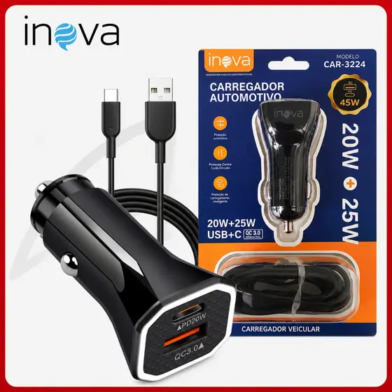 Carregador Veicular USB Com Cabo Tipo C Incluso Ultra Rápido Turbo Inova