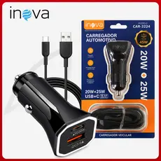 Carregador Veicular USB Com Cabo Tipo C Incluso Ultra Rápido Turbo Inova